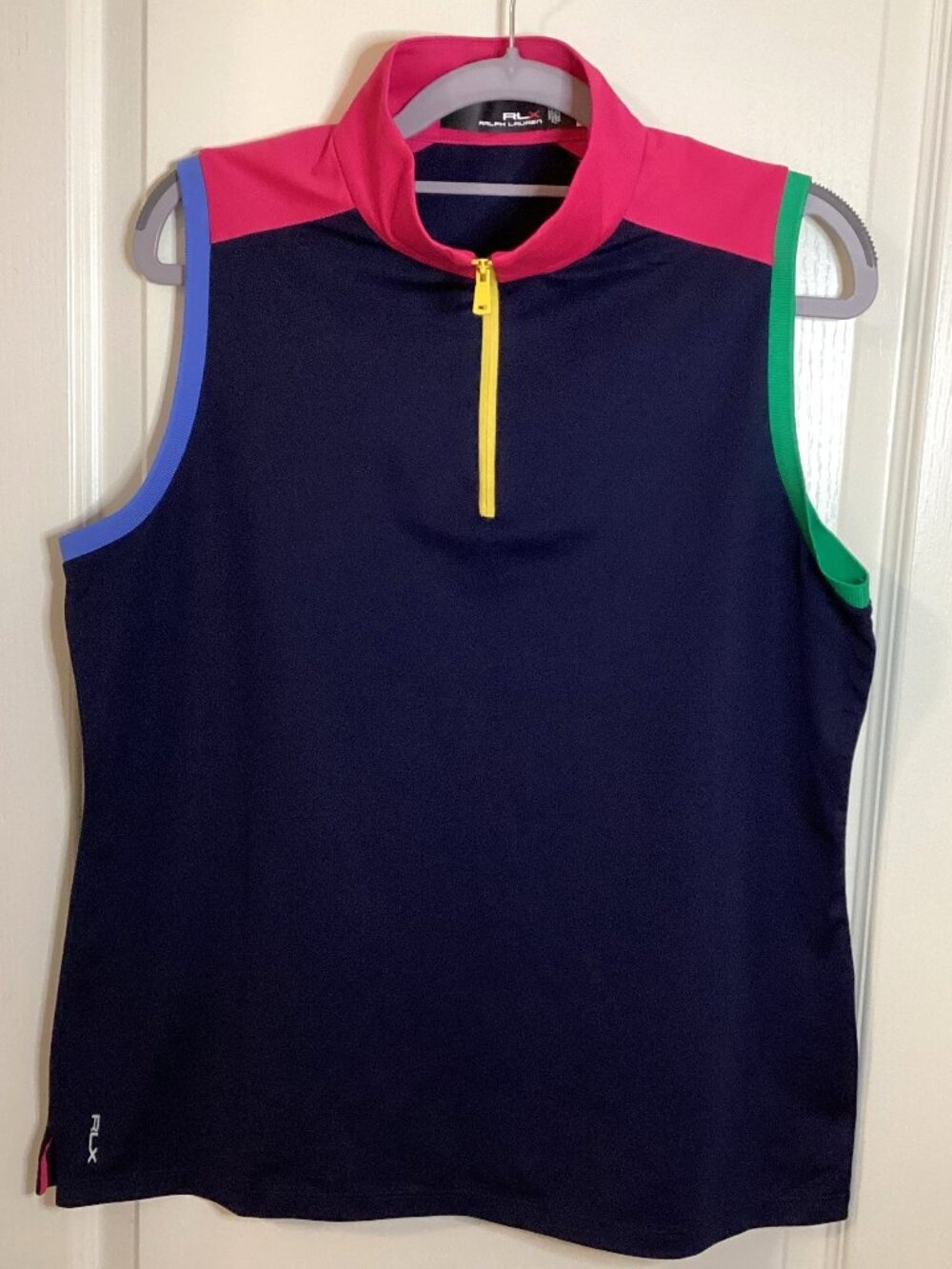 RLX Ralph Lauren Women Size M Sleeveless Golf Polo Shirt Colorblock Navy Pink